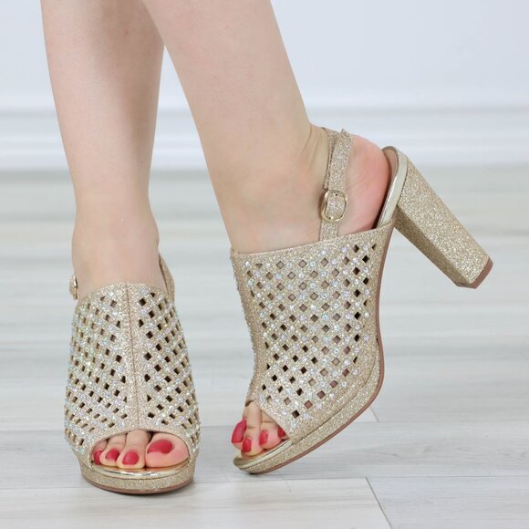 Sparkly Rhinestone Glitter Champagne Platform High Heels Open Toe Party Shoes - Picture 1 of 14